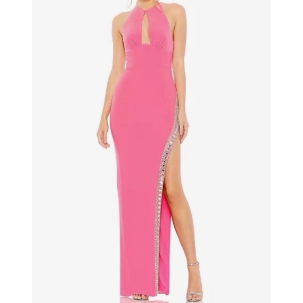 Mac Duggal Pink Halter Keyhole Gown Crystal Embellished Side Slit Dress Size 2